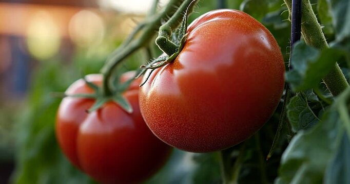Close-up of red ripe tomatoes on vine with green leaves. Selective focus on fresh fruits in a garden setting with soft bokeh background