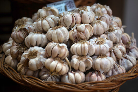 Closeup of fresh garlic bulbs in a basket at a market in Madeira