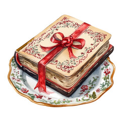 Watercolor Haft sin Holy Book or Divan of Hafez with red ribbon white plate. Traditional Persian New Year Garlic, isolated on a white background. Nowruz vector design set	