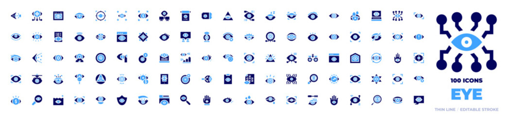 100 Eye Icons Collection. Bold style. Duotone colors. eye, hypnosis, vision, drowsiness, eye scan, contact lens, eye exam, eye test, piercing, search, web