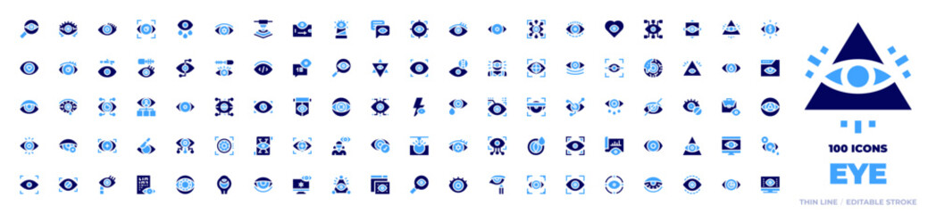 100 Eye Icons Collection. Bold style. Duotone colors. retinal scan, target, eye, wrinkles, visibility, visionary, eye scan, eye scanner, red eyes, eyes