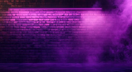 Urban brick wall bathed in vibrant purple neon light. Smoky, atmospheric scene