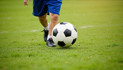 Fototapeta premium Child passing a soccer ball on the field, enjoying teamwork and physical activity