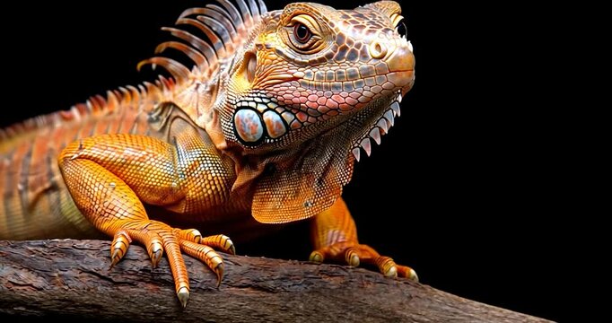 Close up of an animal with vibrant orange and red skin perched on a wood branch against a dark background