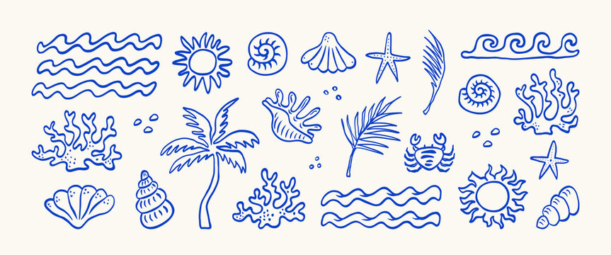 Hand drawn summer vintage icon set. Palm tree, sun and sea, seashells, coral, in doodle sketch style. Drawing ink. Italian concept, ocean, vacation and travel. Vector whimsical elements for print.