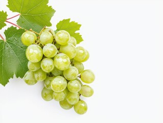 A cluster of fresh green grapes with leaves, showcasing their natural sheen and vibrant color against a light background.
