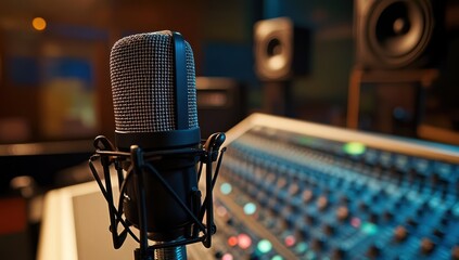 Close-up of a microphone in a professional recording studio.