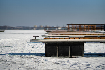 frozen marina - water jetties in the ice