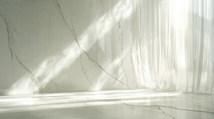 Sunlit minimalist interior with marble wall and sheer curtains, serene and elegant atmosphere, modern design concept