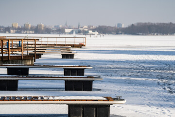 frozen marina - water jetties in the ice