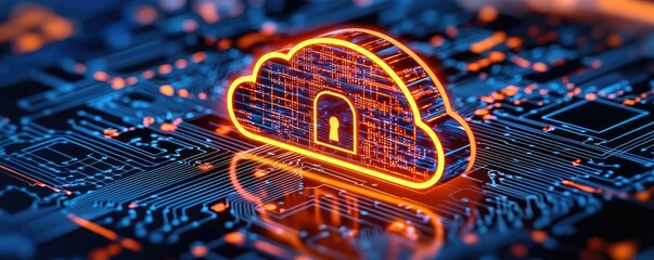 Cybersecurity technology in computing and database concept. Stylized cloud symbol with lock on a circuit board background.