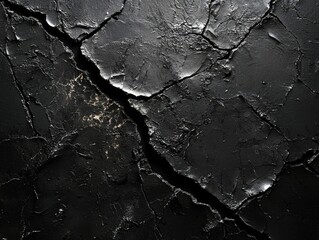 Close-up of cracked black surface with dramatic lighting, abstract texture, dark and mysterious atmosphere, perfect for backgrounds or design concepts, texture concept
