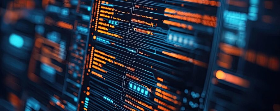 Cybersecurity technology in computing and database concept. Close-up of digital interface with data and code visualization.