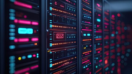 Naklejka premium Cybersecurity computing and data protection in network concept. Innovative data center with vibrant LED lights and servers.