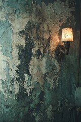 Vintage wall sconce illuminating peeling paint in dimly lit room, rustic and nostalgic atmosphere, urban decay concept