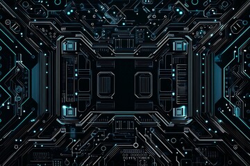 Abstract close-up of a glowing blue digital circuit board, showcasing intricate connections and technological design on a black background.
