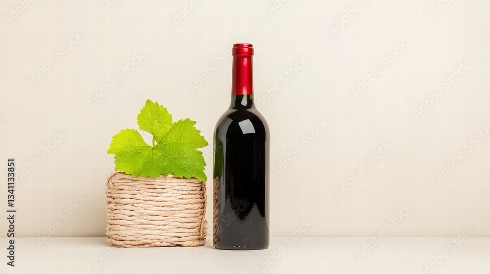 Poster elegant bottle of wine with a basket of grapes displayed in a beautiful and inviting setting