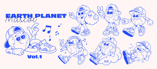 Collection of Fun Earth Planet Mascot Characters with Sneakers, Cap, Headphones, and Playful Poses © Alina Kolyuka
