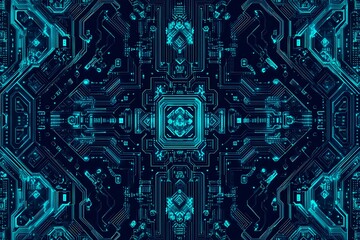 Abstract close-up of a glowing blue digital circuit board, showcasing intricate connections and technological design on a black background.
