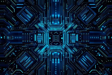 Abstract close-up of a glowing blue digital circuit board, showcasing intricate connections and technological design on a black background.
