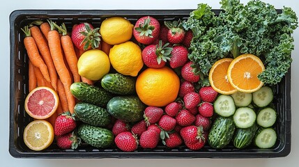 A black plastic crate filled with colorful fruits and vegetables, such as carrots, strawberries, lemons, kale leaves, cucumbers, and oranges, arranged neatly in the box