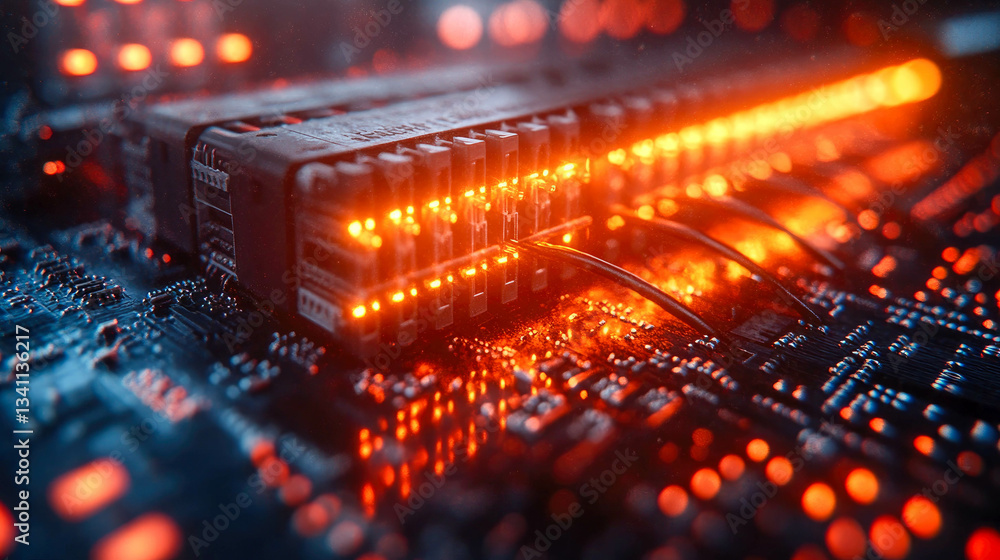 Poster a futuristic representation of glowing fiber optic cables transmitting data through a high-tech digi