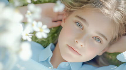 Fototapeta premium Gentle portrait of a girl among flowers, lying on the grass. Spring freshness, youth, and natural beauty in harmony with nature.
