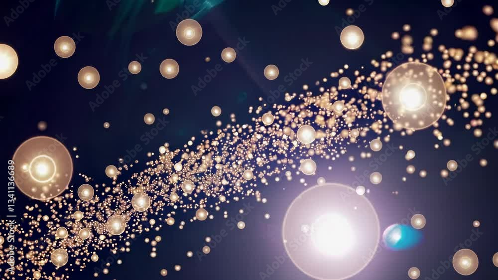 Poster golden particles flowing on dark background with lens flare. abstract motion graphics concept. perfe