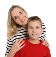 Mother and son hugging on white background