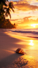 Obraz premium Seashell on sandy beach at sunset, palm trees blurred in background, warm golden light, evokes peace, tranquility, summer vacation