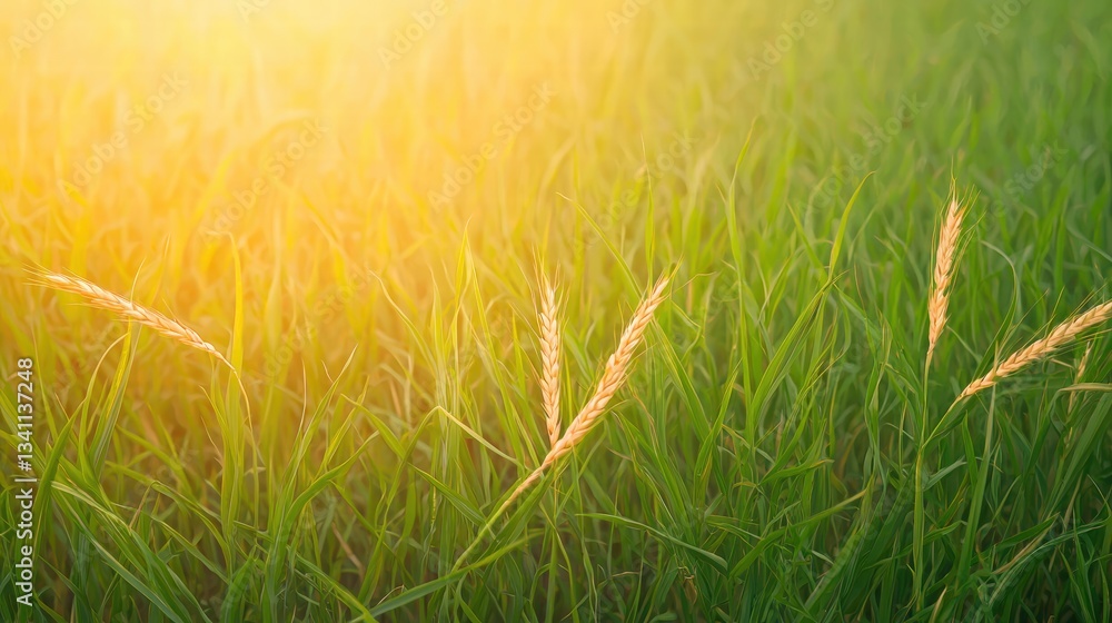 Poster sunlight filtering through lush green grass creating a serene and inviting natural landscape