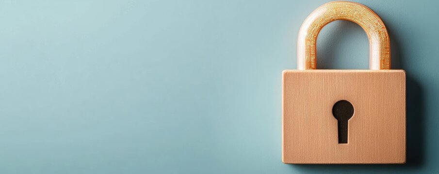 Cybersecurity computing and data protection in network concept. A close-up view of a wooden padlock on a teal background.