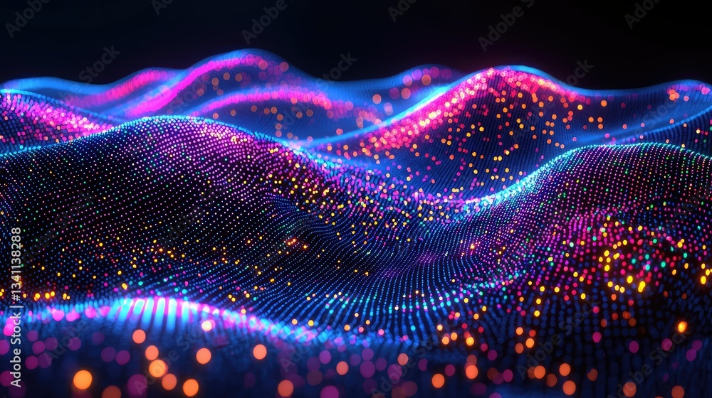 Poster abstract digital landscape of glowing colorful particle waves on dark background