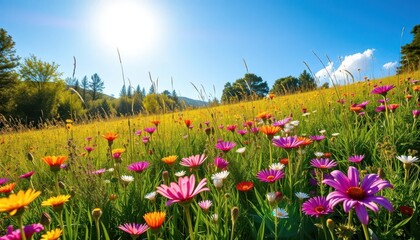 Obraz premium Sun-drenched meadow bursting with wildflowers, vibrant colors, image, bluebells