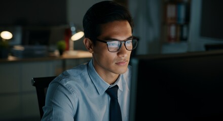 Fototapeta premium Focused asian young male professional working late at office desk with glasses