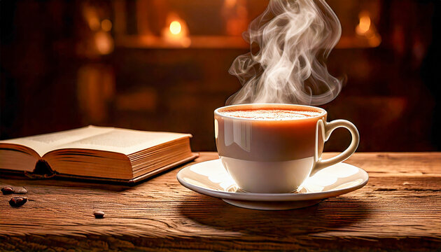 A warm cup of coffee on a wooden table next to an open book.