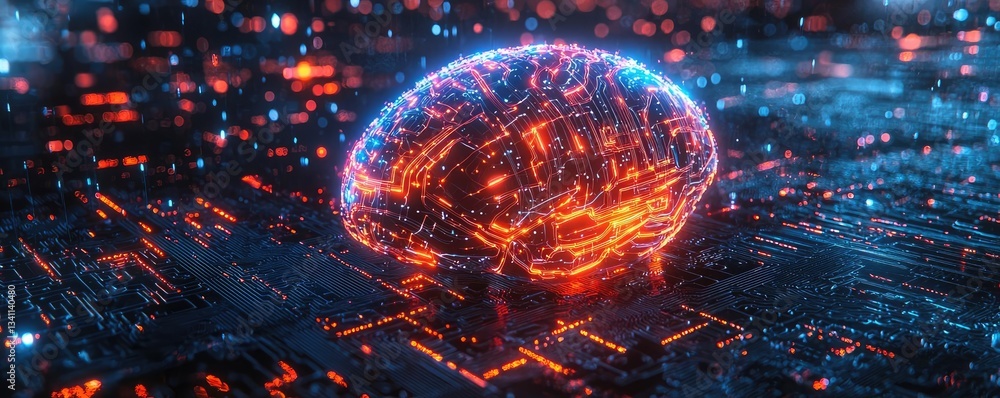 Poster artificial intelligence computing in future cyberspace concept. a futuristic digital brain glowing w