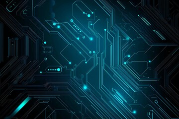 Abstract close-up of a glowing blue digital circuit board, showcasing intricate connections and technological design on a black background.
