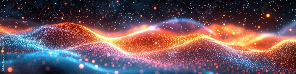 Poster abstract image of vibrant colorful particles in a wave pattern