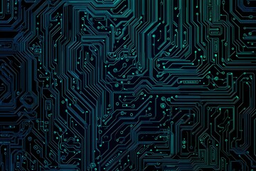 Abstract close-up of a glowing blue digital circuit board, showcasing intricate connections and technological design on a black background.
