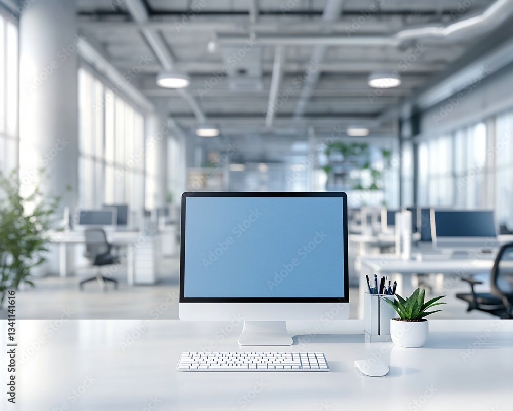 Poster modern office workspace with desktop computer and peripherals