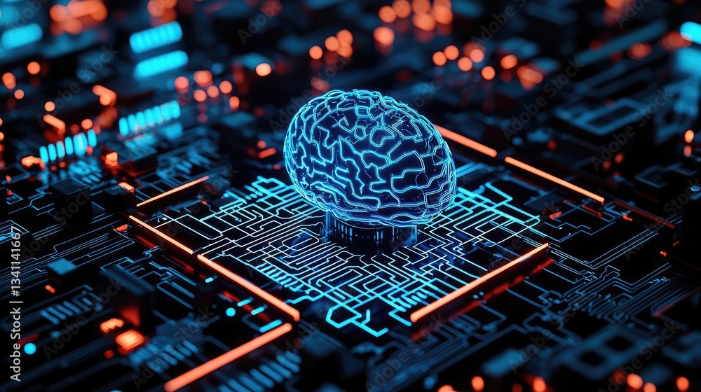 Poster artificial intelligence computing in future cyberspace concept. futuristic illustration of a brain o