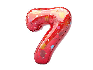 A red balloon shaped like the number 7 with multicolored polka dots.