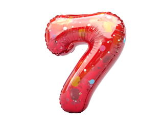 A red balloon shaped like the number 7 with multicolored polka dots.