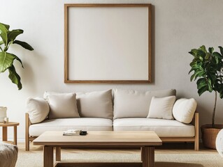 A white couch is in a living room with a large white framed picture on the wall. A coffee table is in front of the couch. A potted plant is on the table