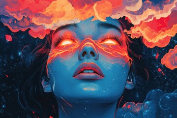 Surreal portrait of woman with glowing eyes and fiery clouds, cosmic background, vibrant colors, imaginative and mystical atmosphere, fantasy art concept
