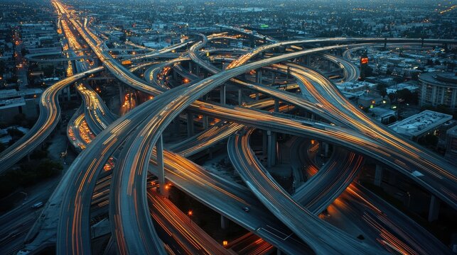 Bustling highway at dusk, streaks of light tracing the motion of vehicles