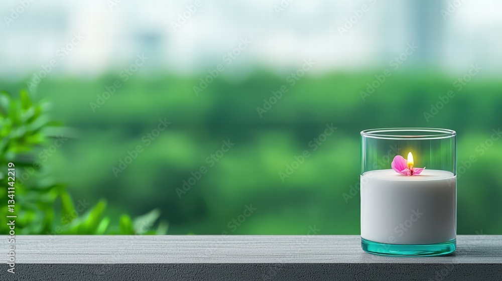Poster a softly glowing candle placed on a rustic table creating a warm and cozy ambiance for relaxation