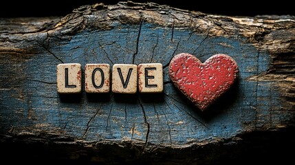 A wooden background with the word "LOVE" written in Scrabble tiles, a red heart shape next to it, on an old tree stump, flat lay photography