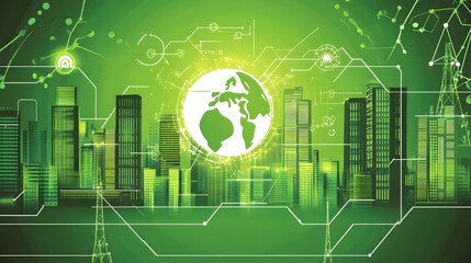  Emerald Green Smart City with Earth Symbol, Digital Network Towers and Sustainable Urban Development